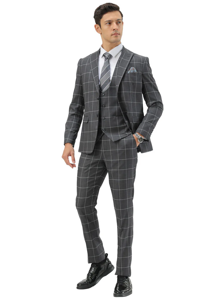 Mens Slim Fit Two Button Peak Lapel Vested Suit in Grey Windowpane Plaid - 34 Short or Extra Small