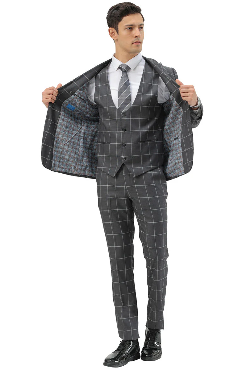 Mens Slim Fit Two Button Peak Lapel Vested Suit in Grey Windowpane Plaid - 34 Short or Extra Small
