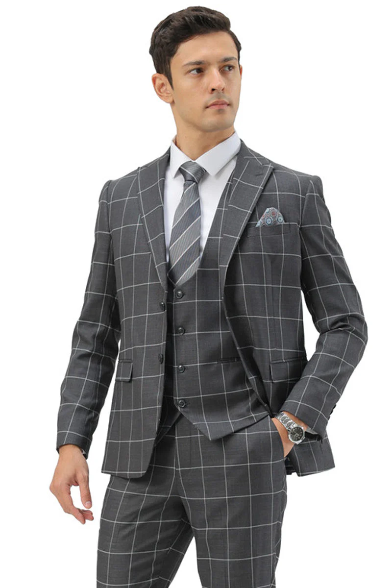Mens Slim Fit Two Button Peak Lapel Vested Suit in Grey Windowpane Plaid - 34 Short or Extra Small