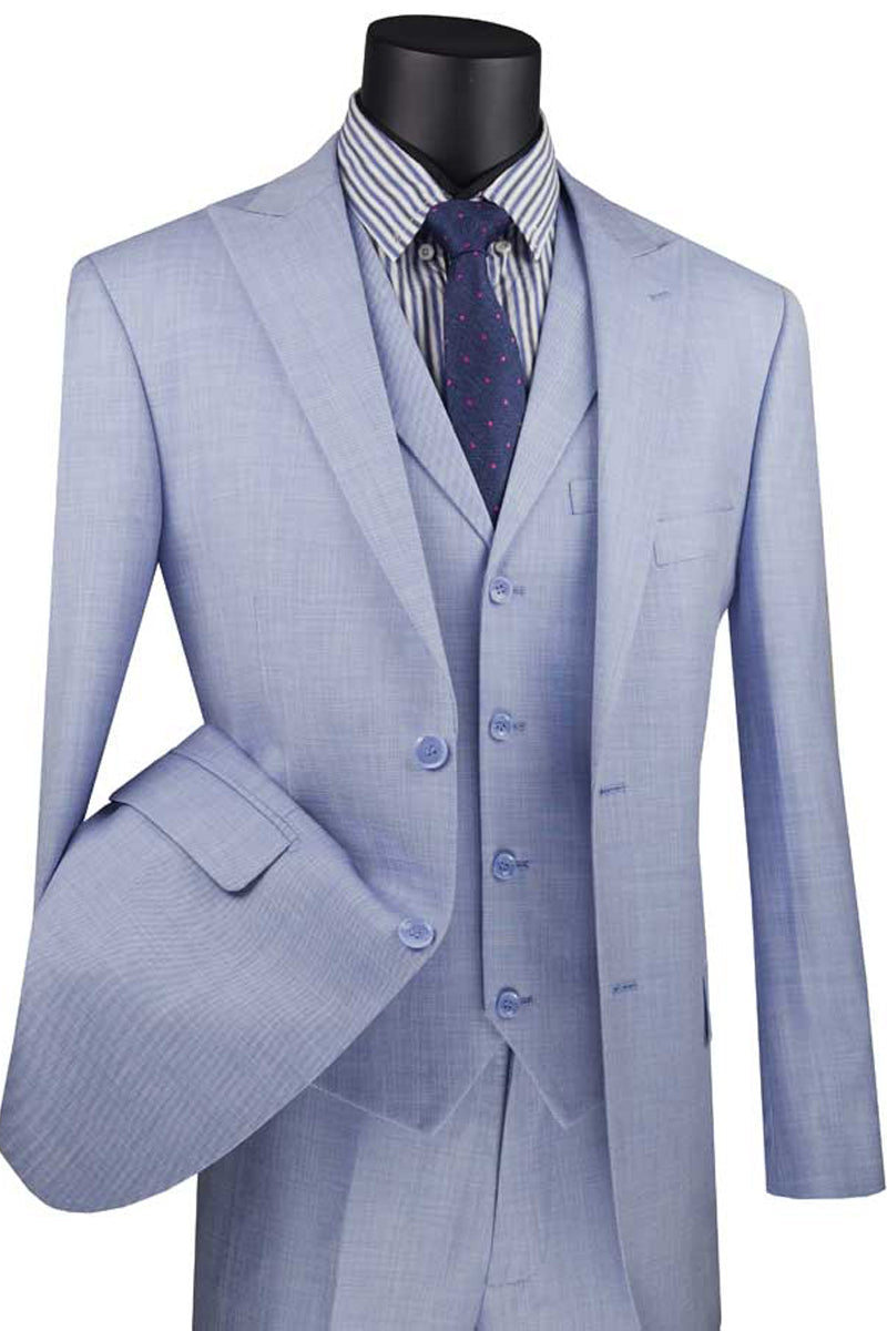 Mens Vested 2 Button Wide Peak Lapel Textured Summer Suit in Blue - 36 Short