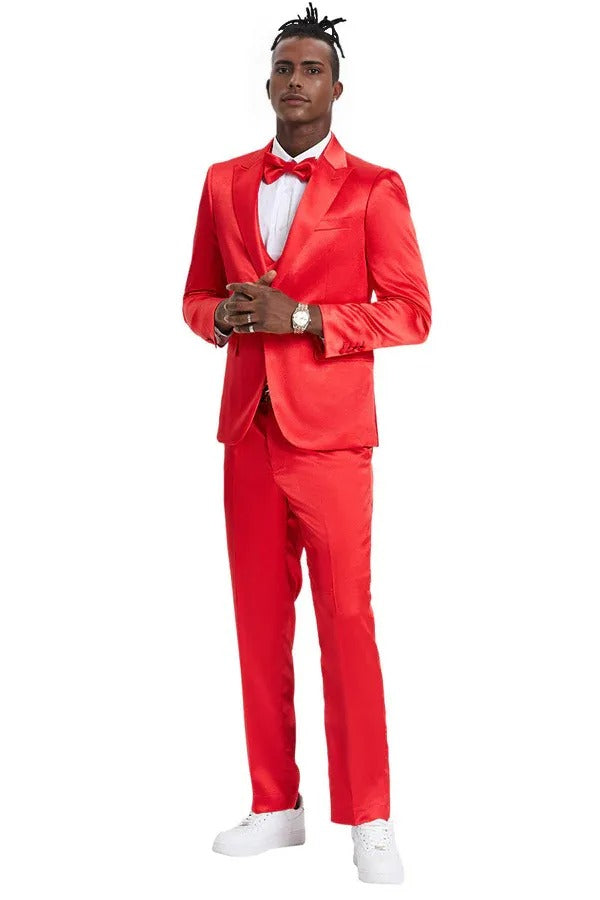 "Red Men's Sharkskin Satin Prom 2026 & Wedding Suit - One Button Vested" - 34 Short