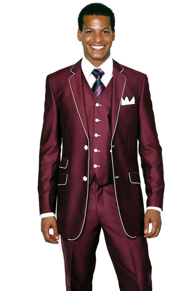 "Burgundy Sharkskin Tuxedo Suit - Slim Fit, Vested, White Piping for Men"