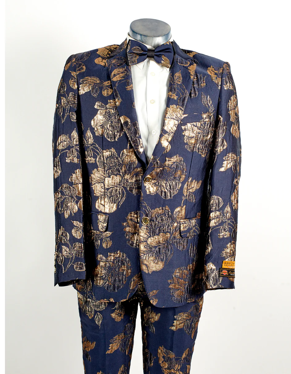 Best Mens 2 Button Navy Blue & Gold Foil Floral Paisley Prom & Wedding Tuxedo - For Men  Fashion Perfect For Wedding or Prom or Business  or Church