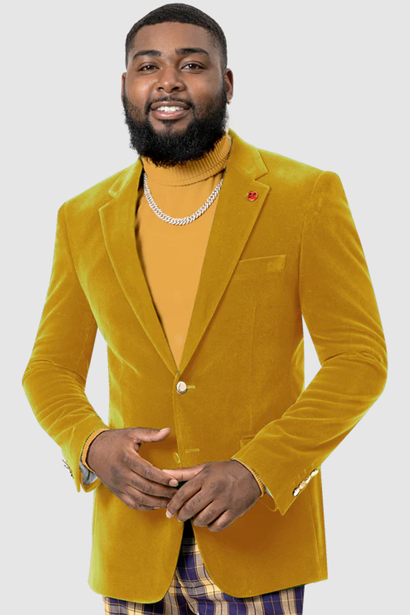 "Mustard Velvet Blazer for Men - Modern Fit Two Button Style"