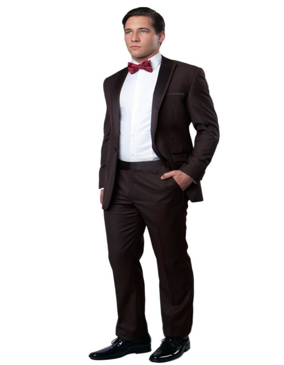 Brown Slim Fit Men's Tuxedo with Satin Trim & Peak Lapel for Prom 2025 & Wedding