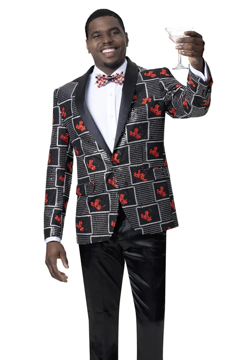 "MEN'S BLACK & RED SQUARE PATTERN TUXEDO JACKET WITH SHAWL LAPEL - ONE BUTTON"