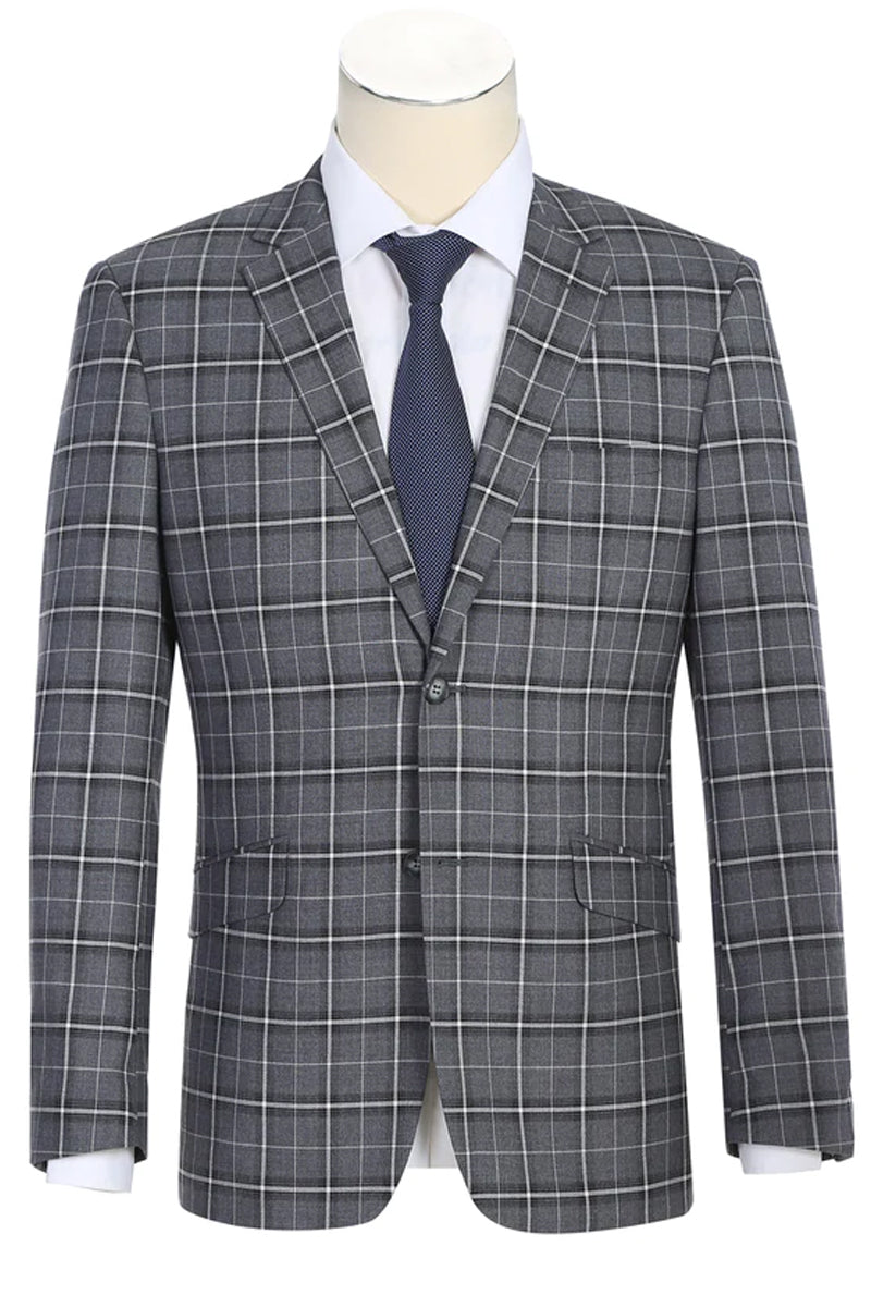 "Charcoal Grey Slim Fit Two Button Men's Suit - Bold Windowpane Plaid" - 34 Short