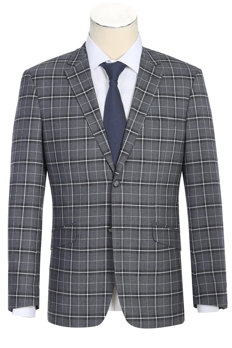 "Charcoal Grey Slim Fit Two Button Men's Suit - Bold Windowpane Plaid"