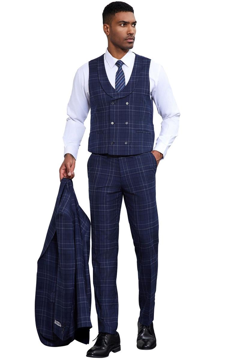 Men's Stacy Adams Vested Two Button Double Windowpane Plaid Suit in Navy - 38 Regular