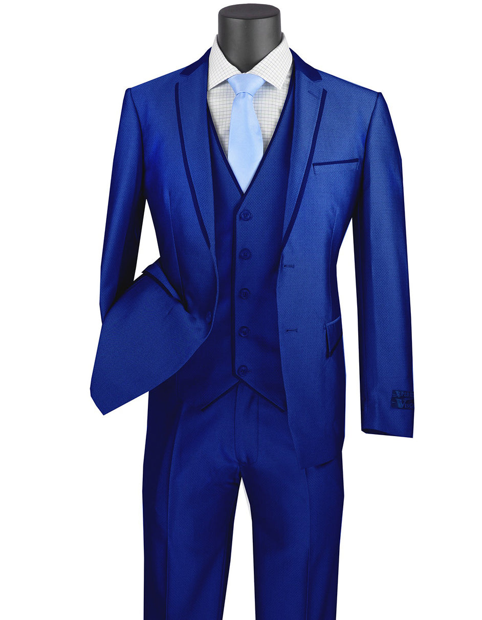 Mens Royal Blue Prom Tuxedo - Mens Ultra Slim Fit Sharkskin Tuxedo with Satin Trim in Blue