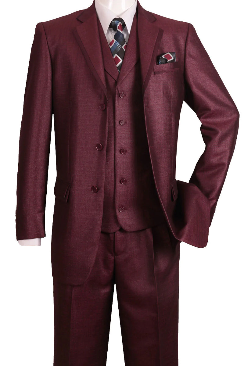 "Sharkskin 3-Button Men's Church Suit with Vest in Burgundy"