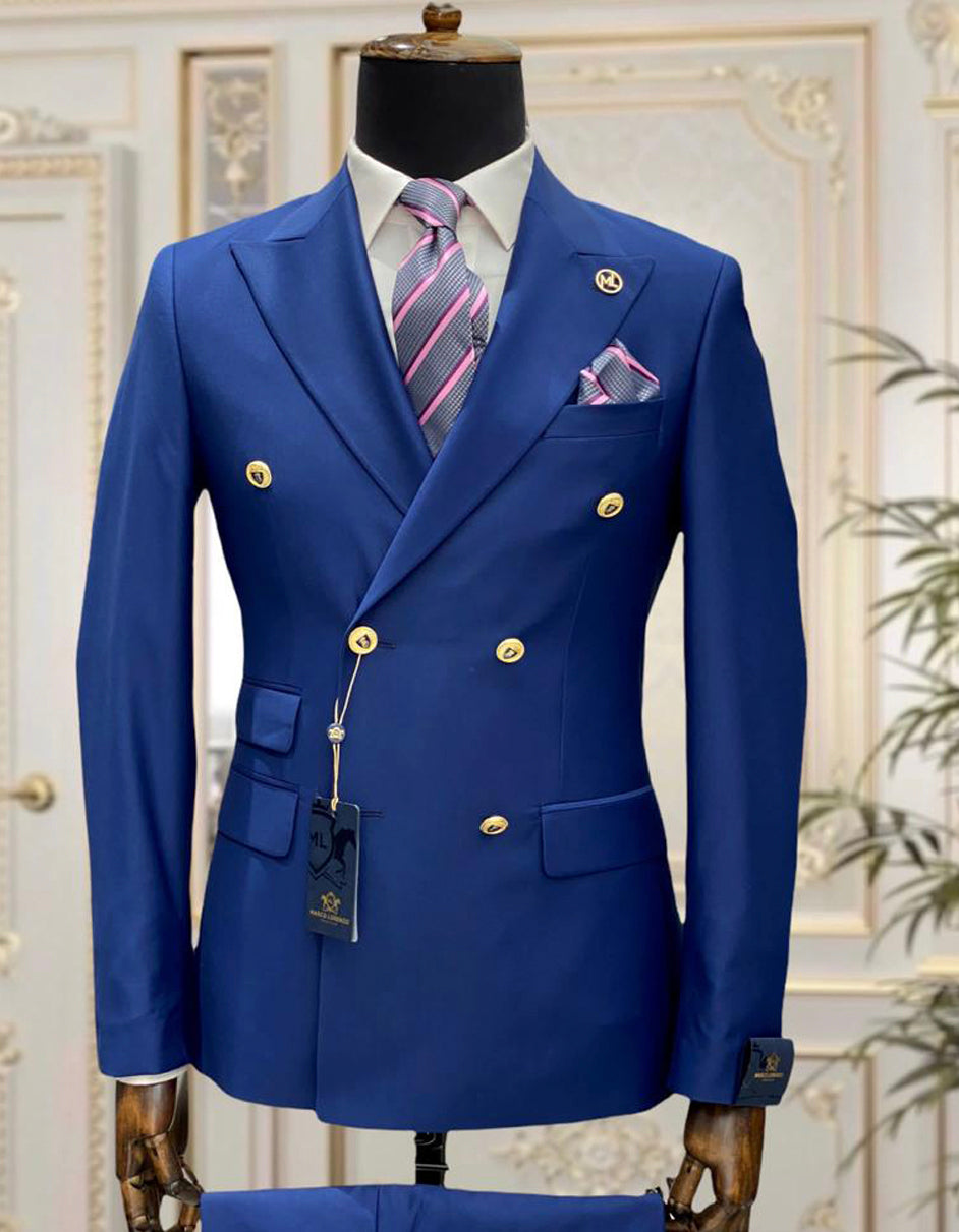 Mens Designer Modern Fit Double Breasted Wool Suit with Gold Buttons in Midnight Blue - 38 Short Jacket+32 Waist Adjustable 28to34)(Height: 5 4 to5 7 )(Neck  15-16.5)S-M)