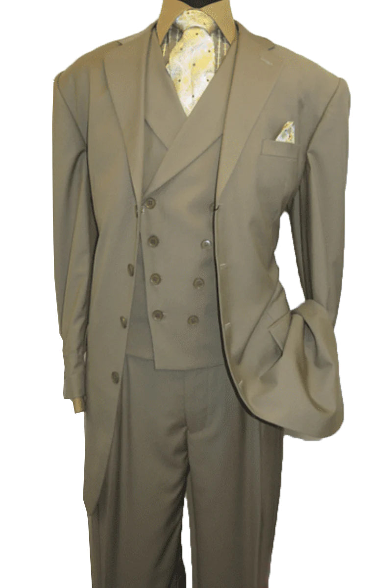 "Tan Men's 4-Button Suit with Double Breasted Vest - Fashion Attire"