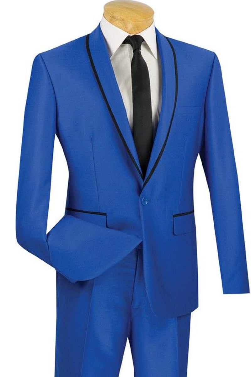 Mens One Button Shawl Tuxedo Suit With Trim in Royal - 36 Short
