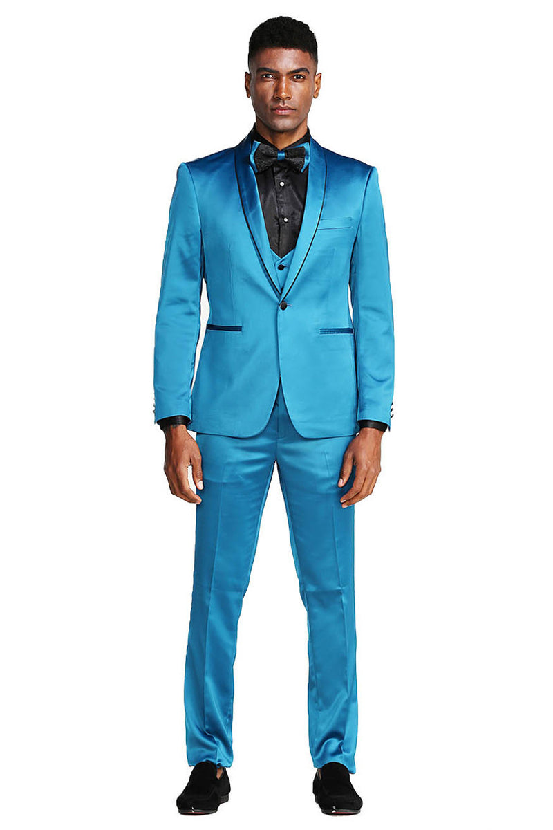 Turquoise Men's Slim Fit Vested Satin Tuxedo Suit for Prom & Wedding