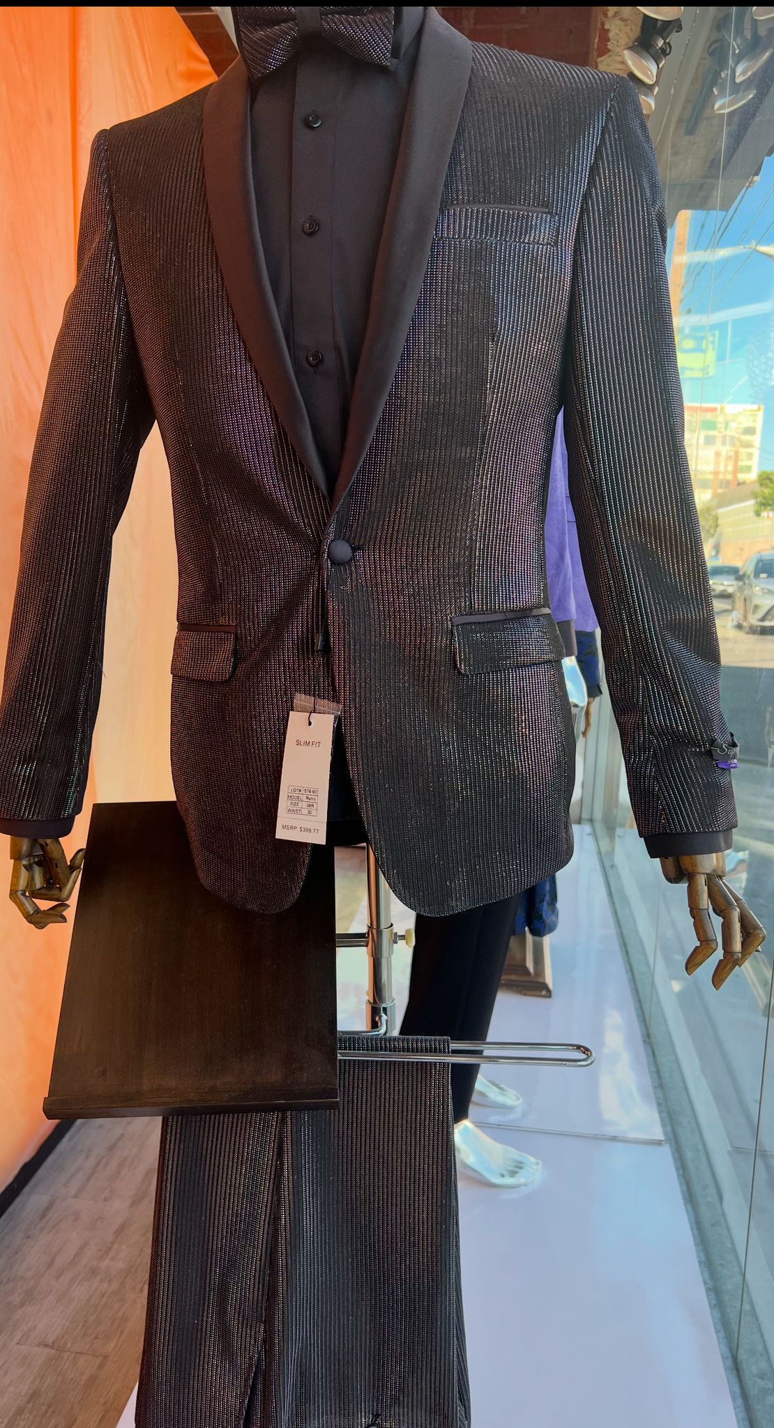 Mens Shiny Black Glitter Tuxedo with Satin Shawl Lapel – Ultra Slim Fit Sparkle Suit for Weddings, Proms & Formal Events - 34 Short or Extra Small