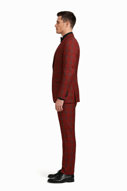 Mens Burgundy Plaid Three-Piece Suit Ultra Slim Fit Checkered Windowpane Redish 544-10