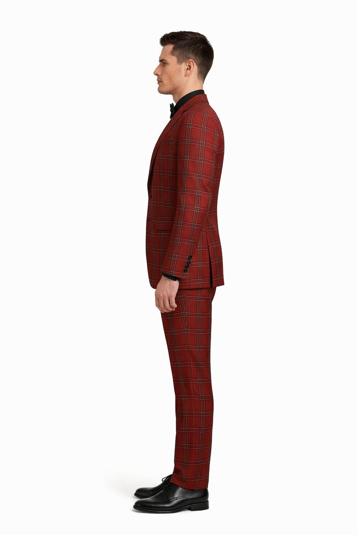 Mens Burgundy Plaid Three-Piece Suit Ultra Slim Fit Checkered Windowpane Redish 544-10