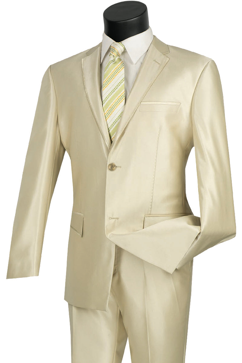 Mens Slim Fit Shiny Sharkskin Suit with Trim in Champagne - 36 Short