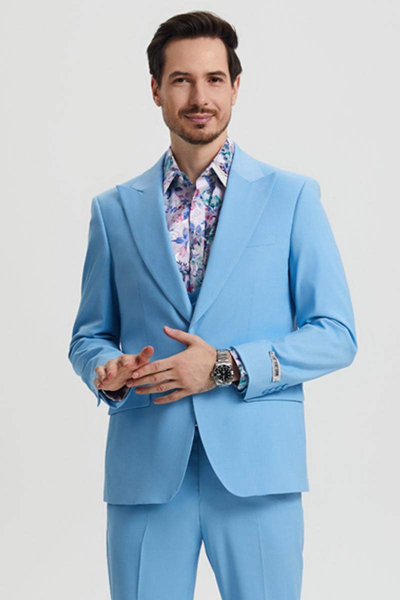 "Stacy Adams Men's Designer Suit - Sky Blue Vested One Button Peak Lapel"