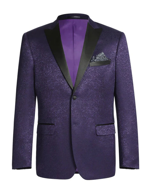 Mens One Button Satin Peak Lapel Paisley Prom 2026 Blazer in Purple