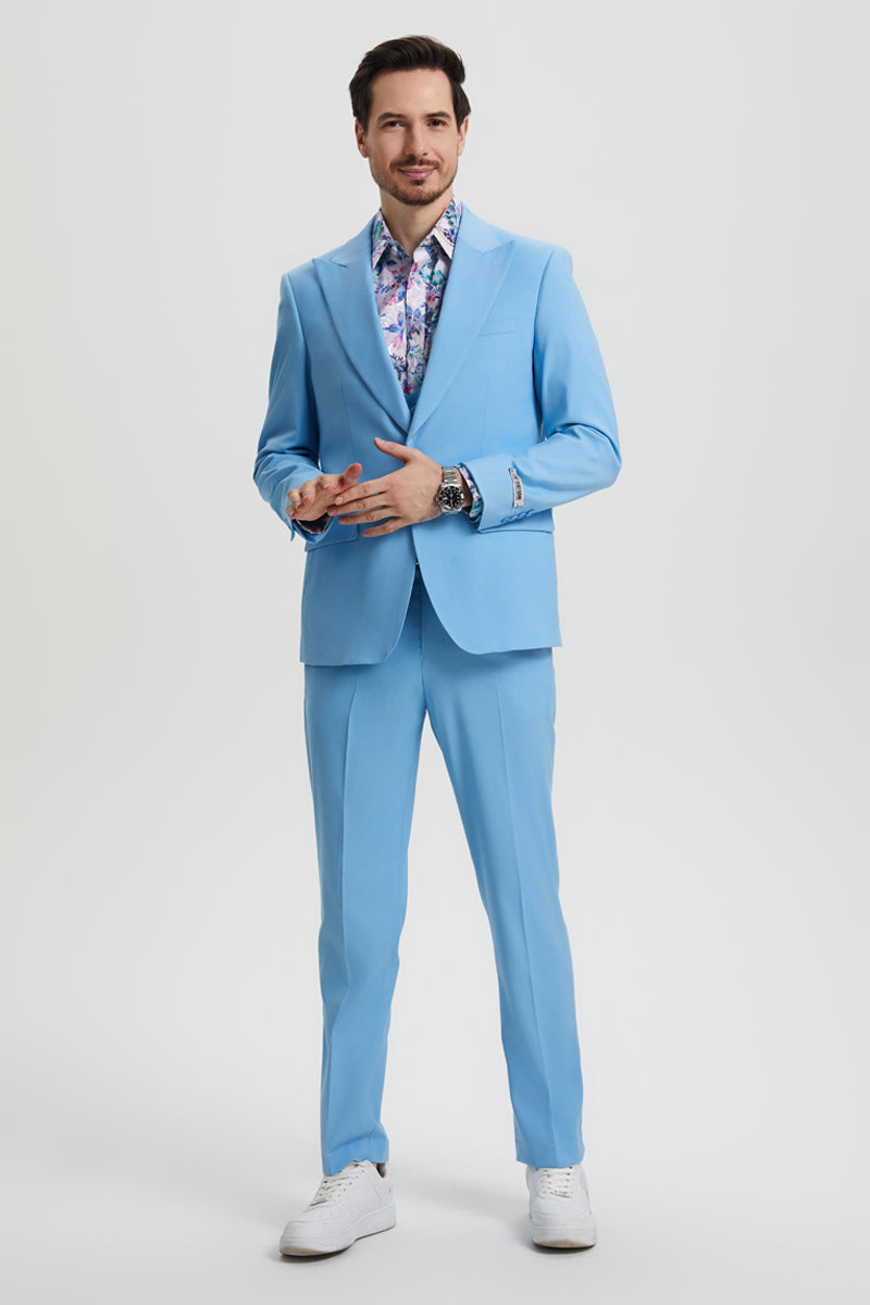 "Stacy Adams Suit Men's Designer Suit - Sky Blue Vested One Button Peak Lapel"