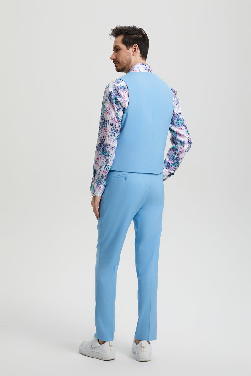 "Stacy Adams Men's Designer Suit - Sky Blue Vested One Button Peak Lapel"