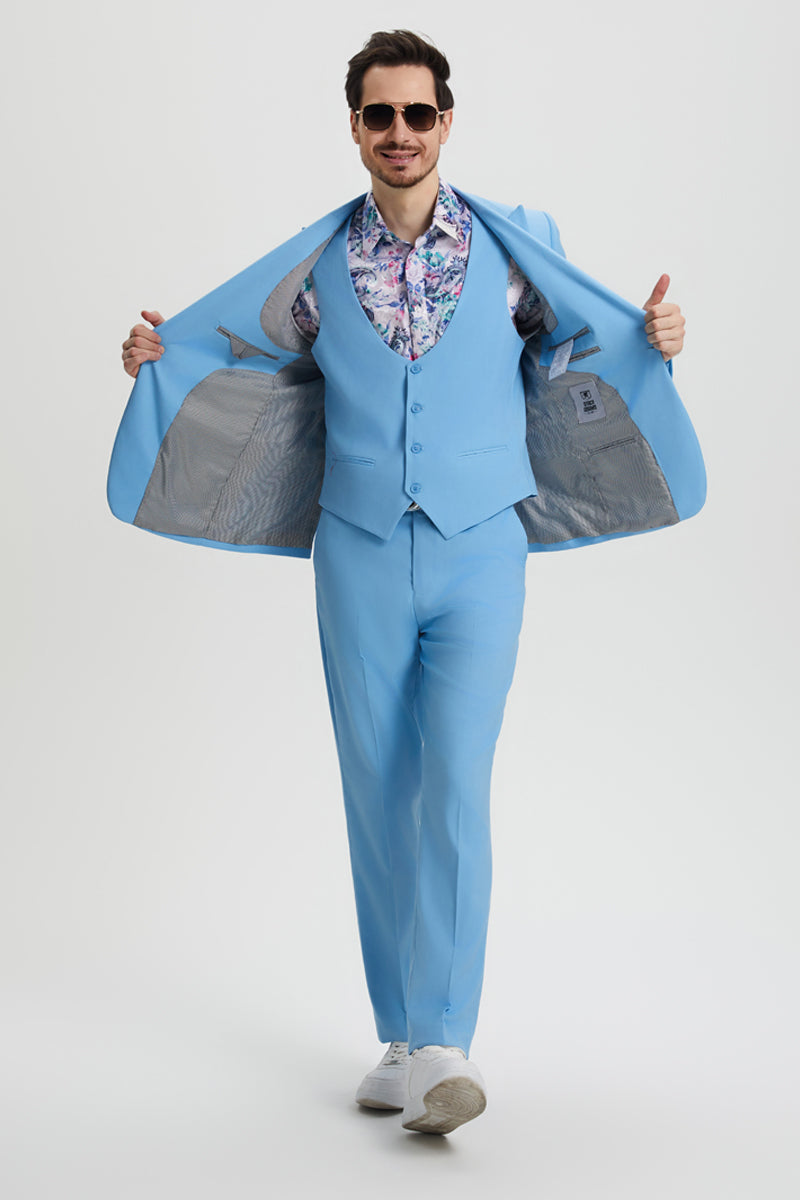 Men's Vested One Button Peak Lapel Stacy Adams Designer Suit in Sky Blue - 34 Regular