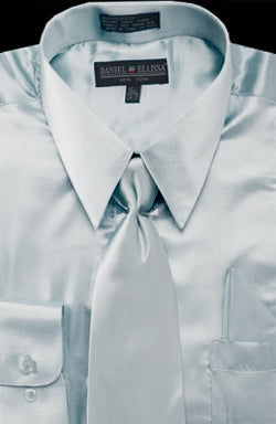 "Light Blue Satin Dress Shirt Set for Men - Regular Fit with Tie & Pocket Square"