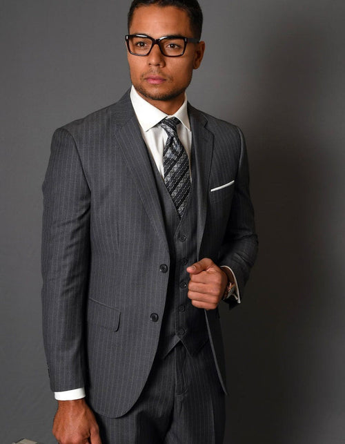 Modern Fit - Mens Grey Suit Mens 2 Button Vested Modern Fit Suit in Charcoal Grey Pinstripe