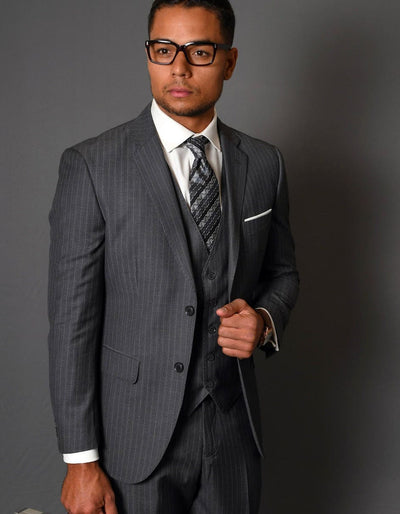 Modern Fit - Mens Grey Suit Mens 2 Button Vested Modern Fit Suit in Charcoal Grey Pinstripe