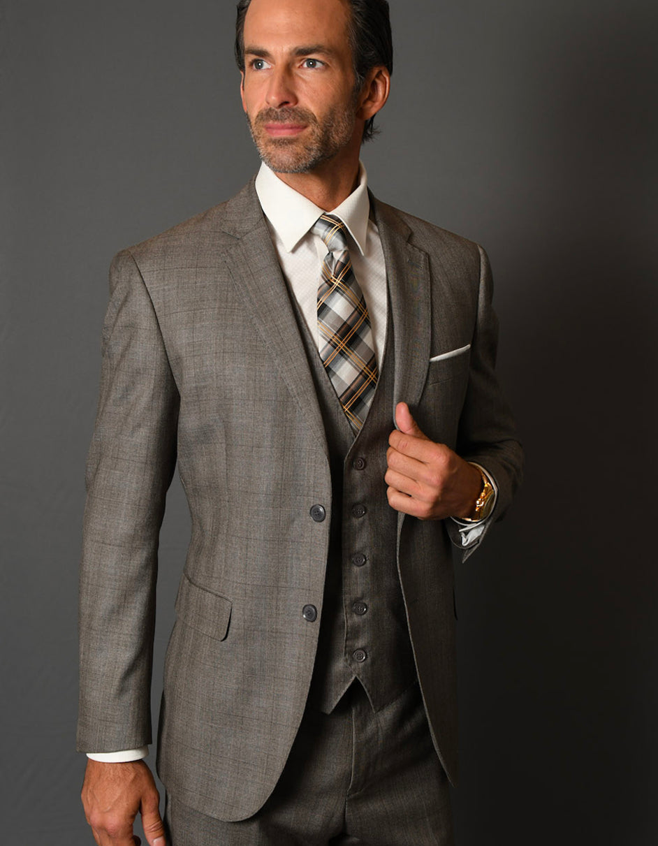 Mens 2 Button Vested Modern Fit Wool Suit in Taupe Plaid - 34 Short
