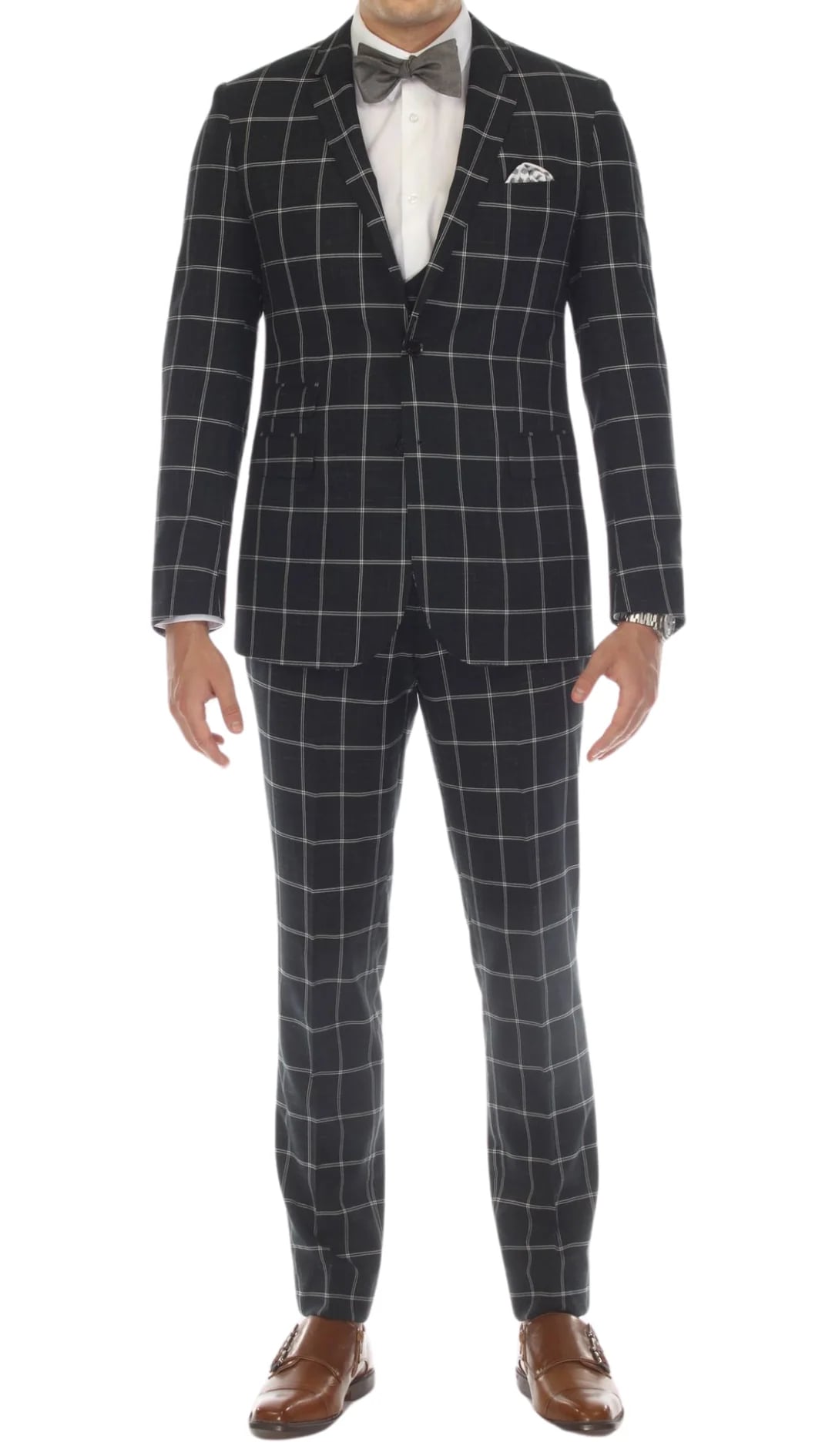 Mens Plaid Suit - Black Windowpane Suit - 1920 Suits - 34 Short or Extra Small