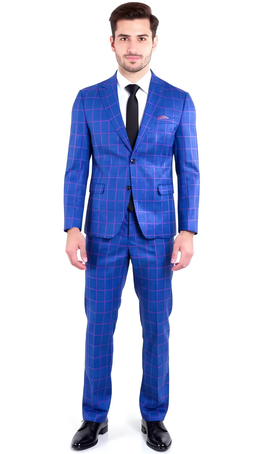 Mens Slim Fit Plaid Suit in Blue – Elegant 3 Piece Formal Set - 34 Short or Extra Small