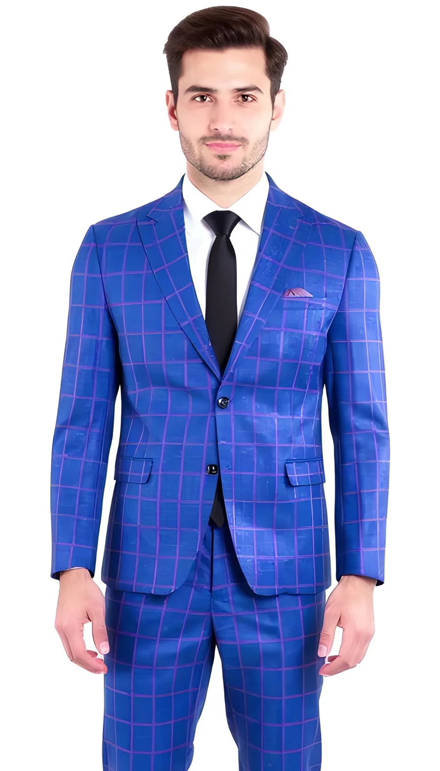 Mens Slim Fit Plaid Suit in Blue – Elegant 3 Piece Formal Set - 34 Short or Extra Small