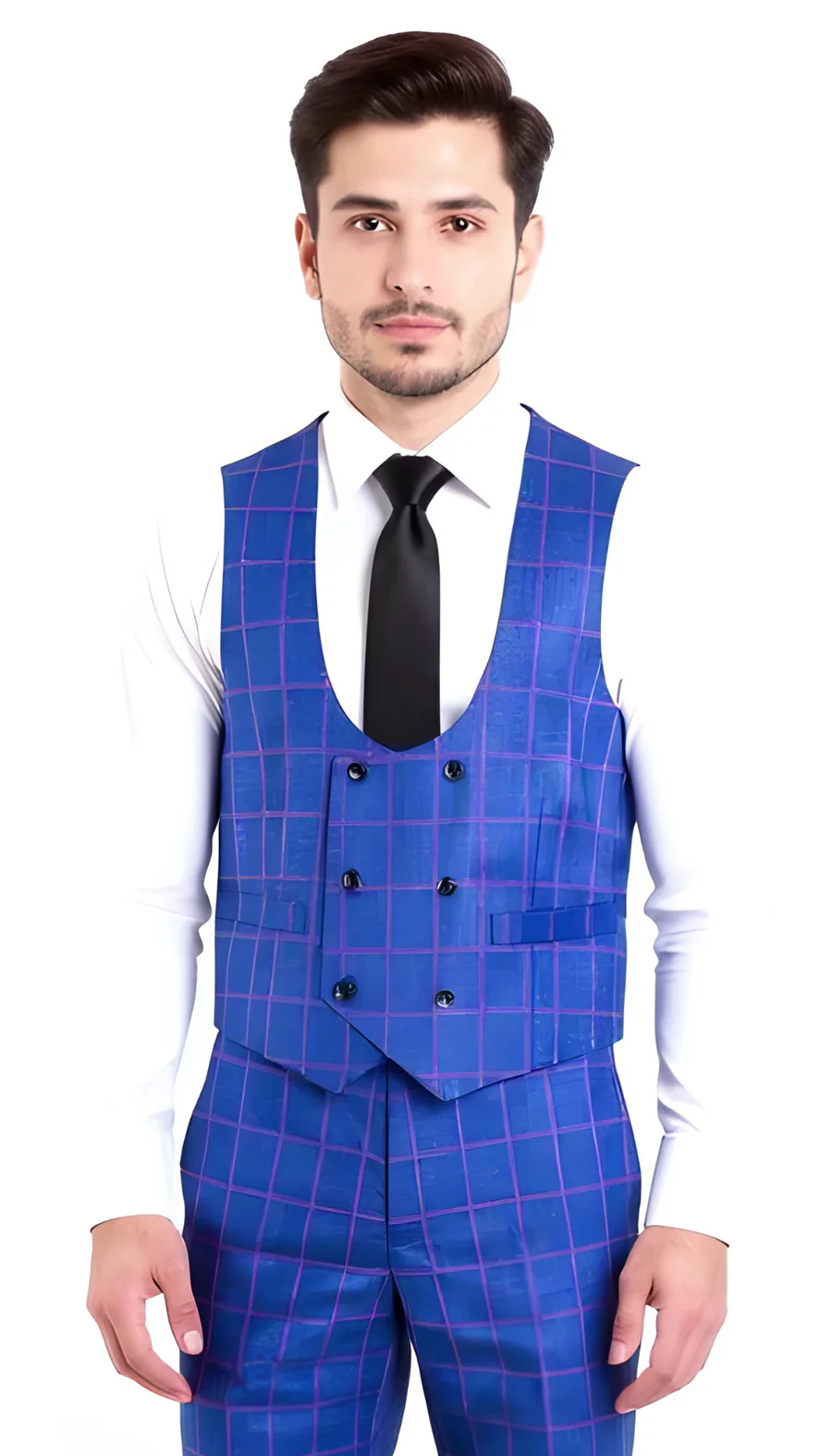 Mens Slim Fit Plaid Suit in Blue – Elegant 3 Piece Formal Set - 34 Short or Extra Small