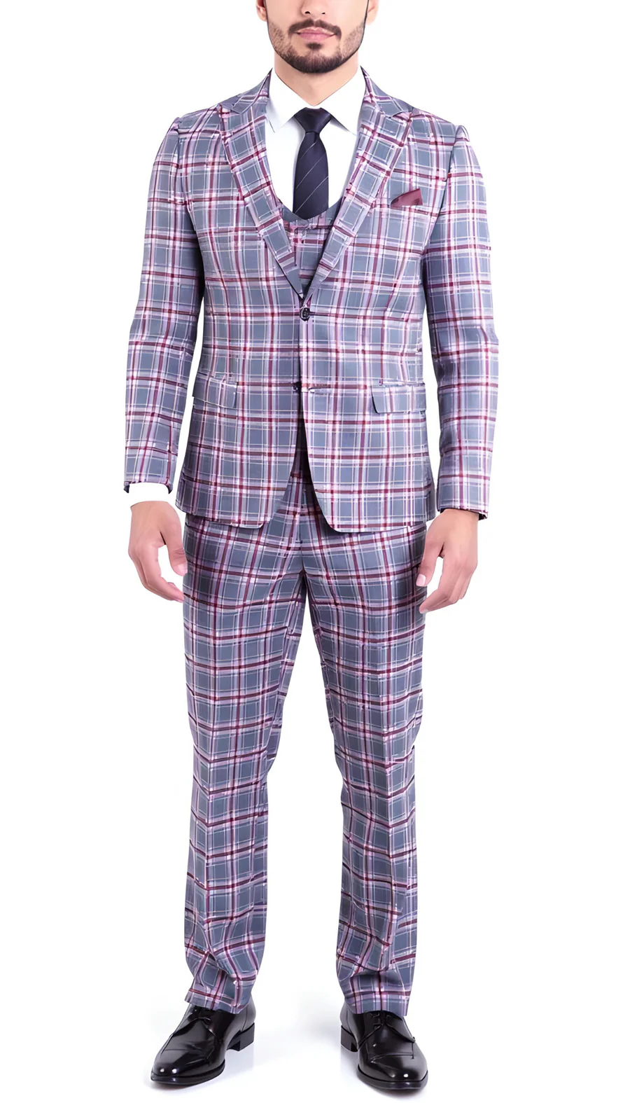 Stylish Grey and Red Checkered Suit for Men – Slim Fit 3 Piece Formal Outfit - 34 Short or Extra Small