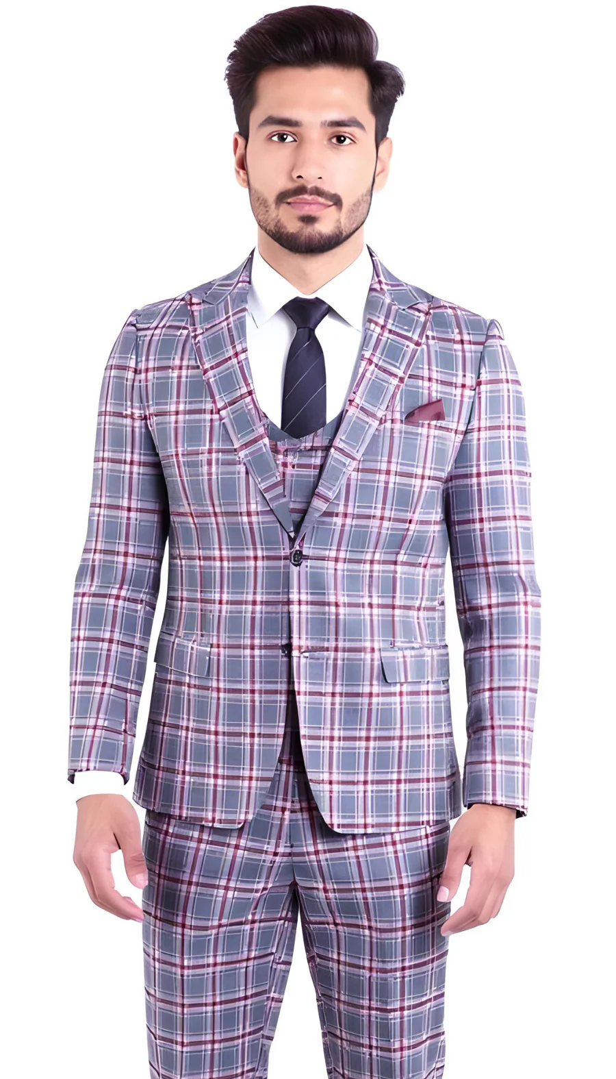 Stylish Grey and Red Checkered Suit for Men – Slim Fit 3 Piece Formal Outfit - 34 Short or Extra Small