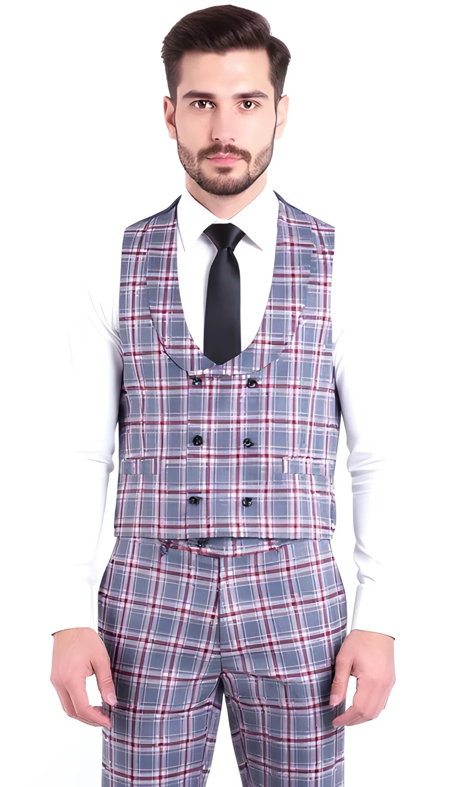Stylish Grey and Red Checkered Suit for Men – Slim Fit 3 Piece Formal Outfit - 34 Short or Extra Small