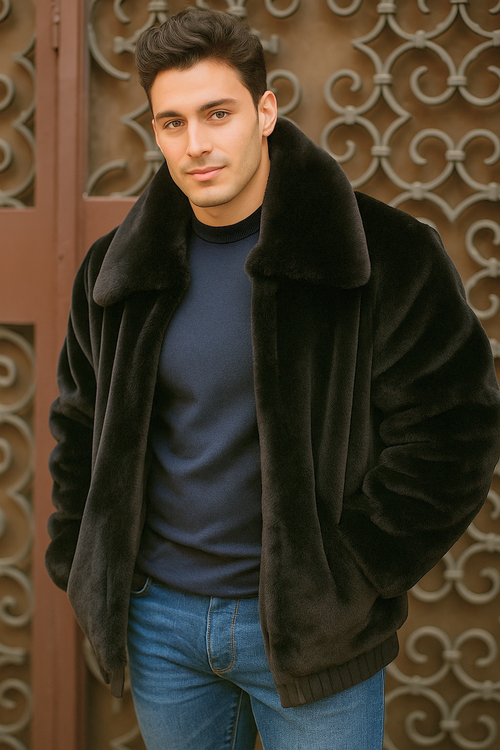 Men's Black Faux Fur Overcoat â€“ Fuzzy Warm Winter Jacket Style
