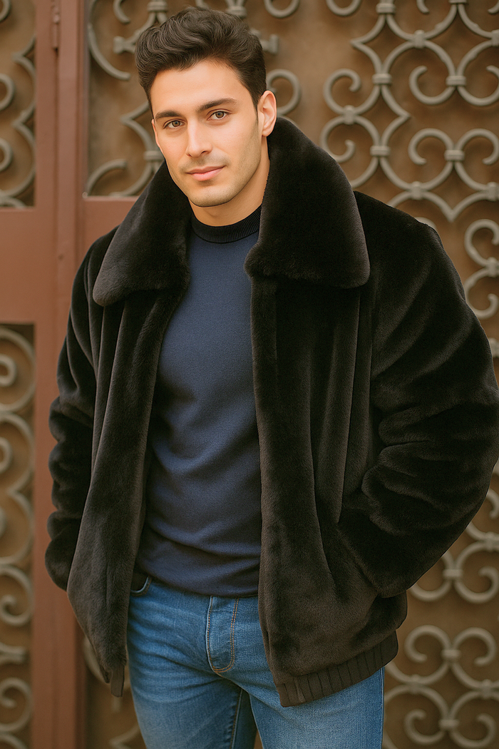 Men's Black Faux Fur Overcoat â€“ Fuzzy Warm Winter Jacket Style