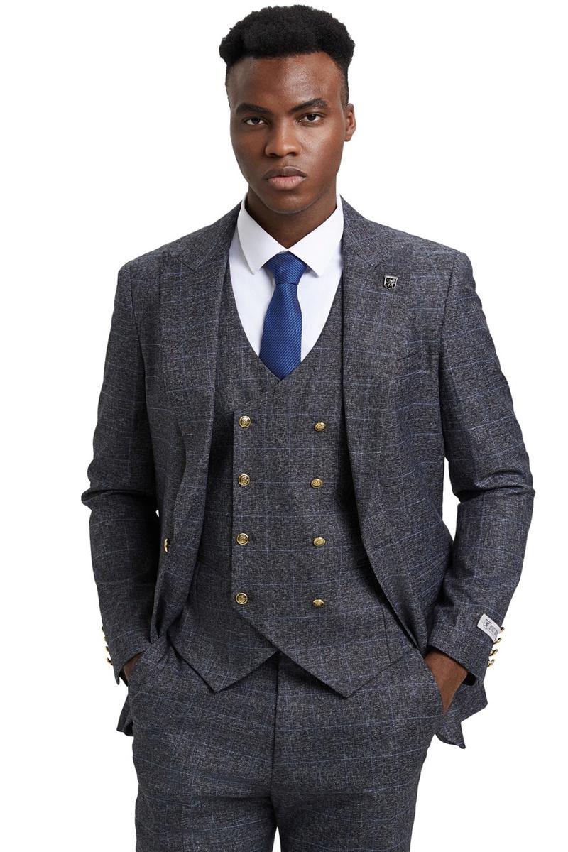 Men's Stacy Adams Peak Lapel Suit with Double Breasted Vest in Charcoal Grey Windowpane Plaid - 38 Regular