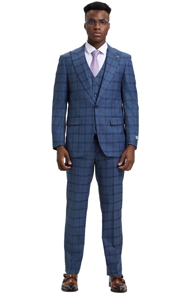 Men's Stacy Adams One Button Vested Suit in Midnight Blue Windowpane Plaid - 38 Regular