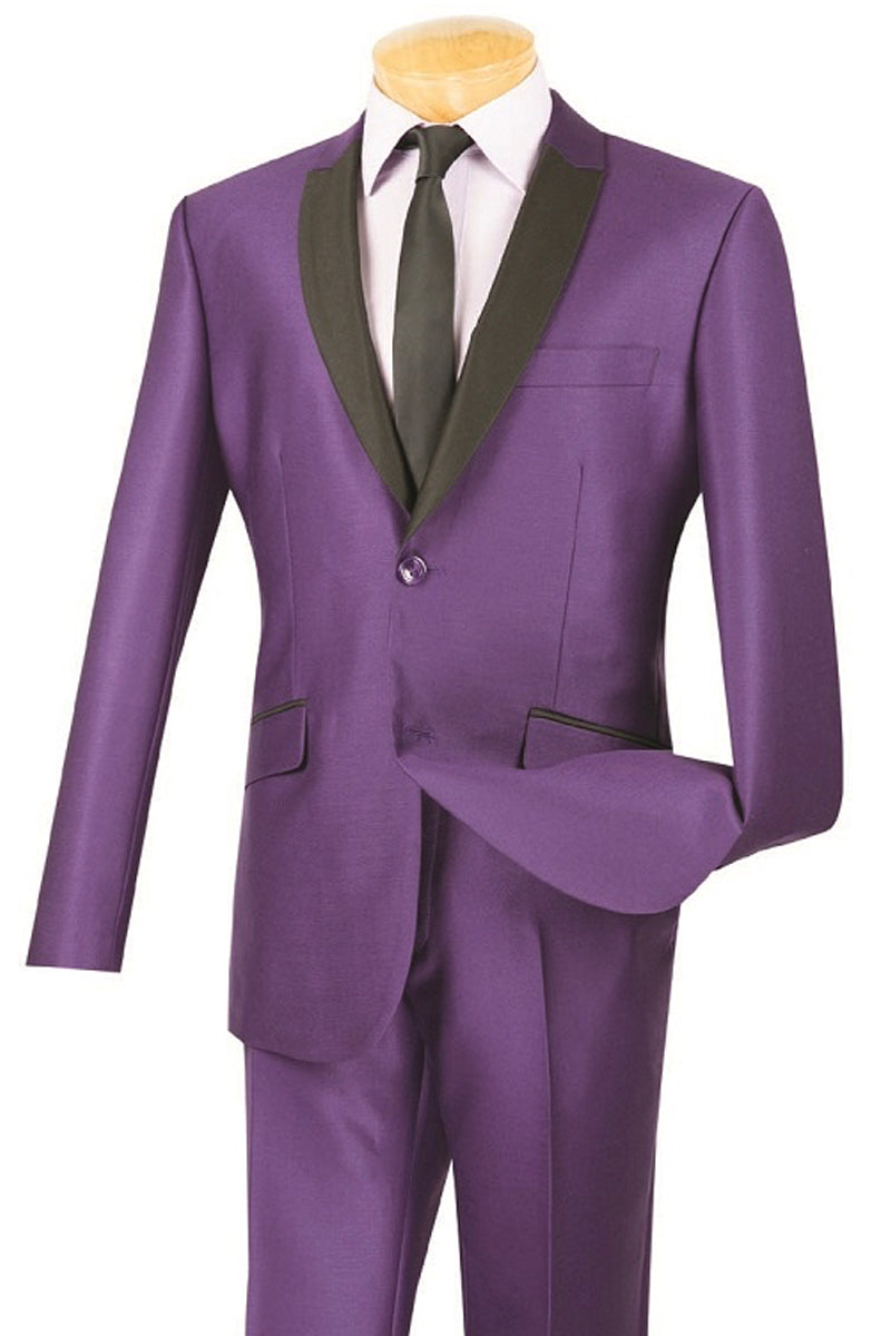 Mens 2 Buttton Slim Contrast Peak Lapel Tuxedo in Purple - 36 Short
