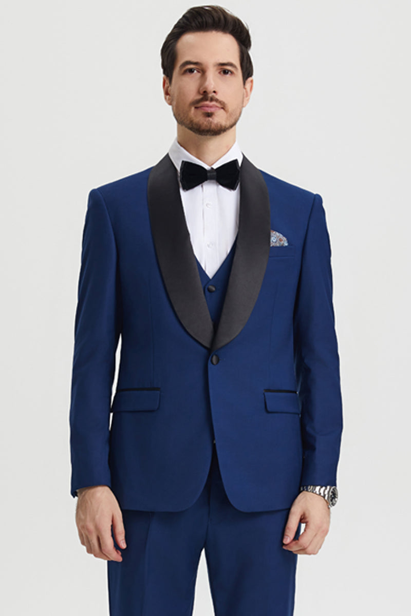 Men's Stacy Adams Vested One Button Shawl Lapel Designer Tuxedo in Indigo Blue - 34 Regular