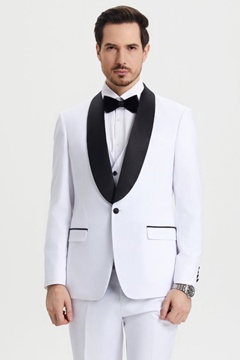"Stacy Adams Men's Designer Tuxedo - Vested One Button Shawl Lapel in White"