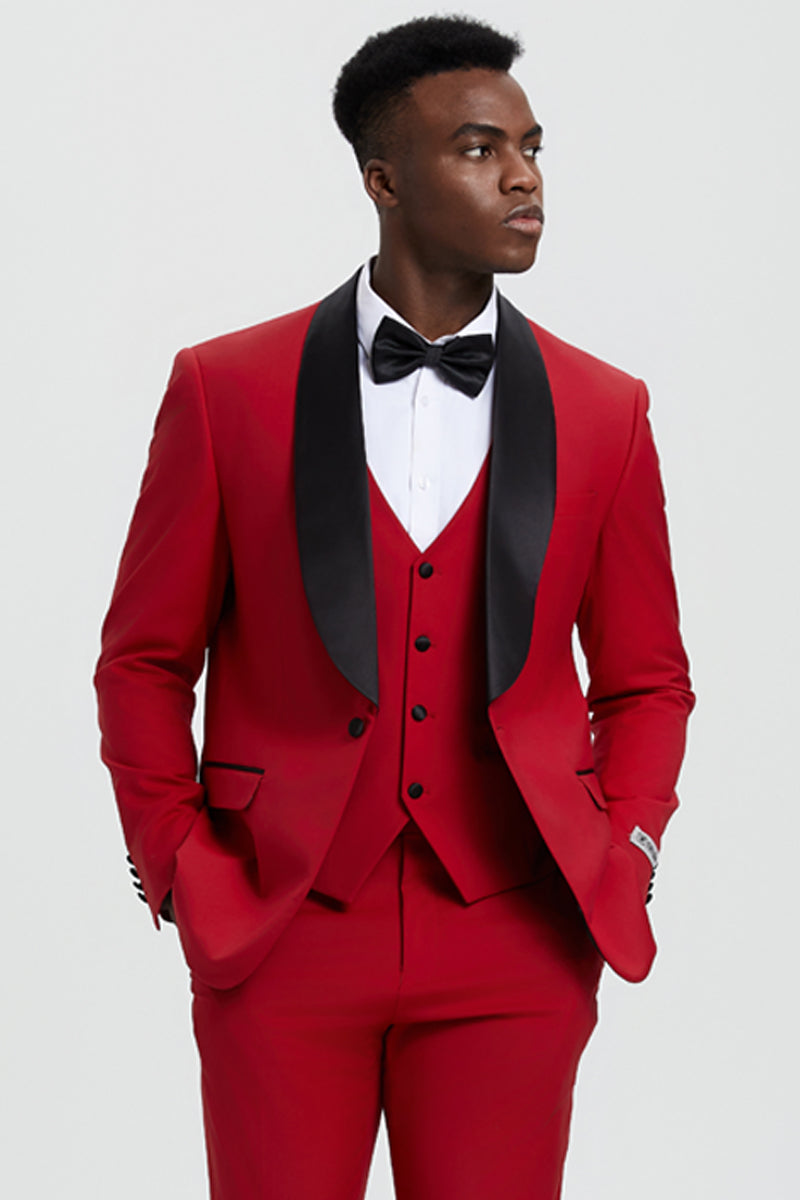 Men's Stacy Adams Vested One Button Shawl Lapel Designer Tuxedo in Red - 34 Regular