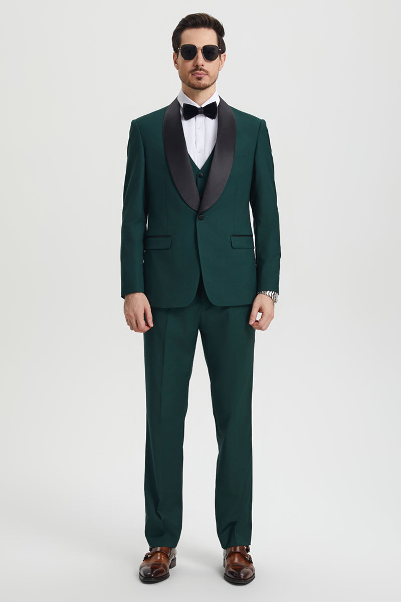 Men's Stacy Adams Vested One Button Shawl Lapel Designer Tuxedo in Hunter Green - 34 Regular
