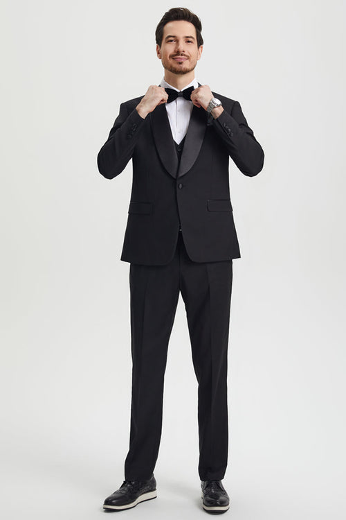 Men's Stacy Adams Vested One Button Shawl Lapel Designer Tuxedo in Black