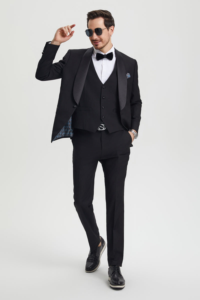 Men's Stacy Adams Vested One Button Shawl Lapel Designer Tuxedo in Black - 34 Regular
